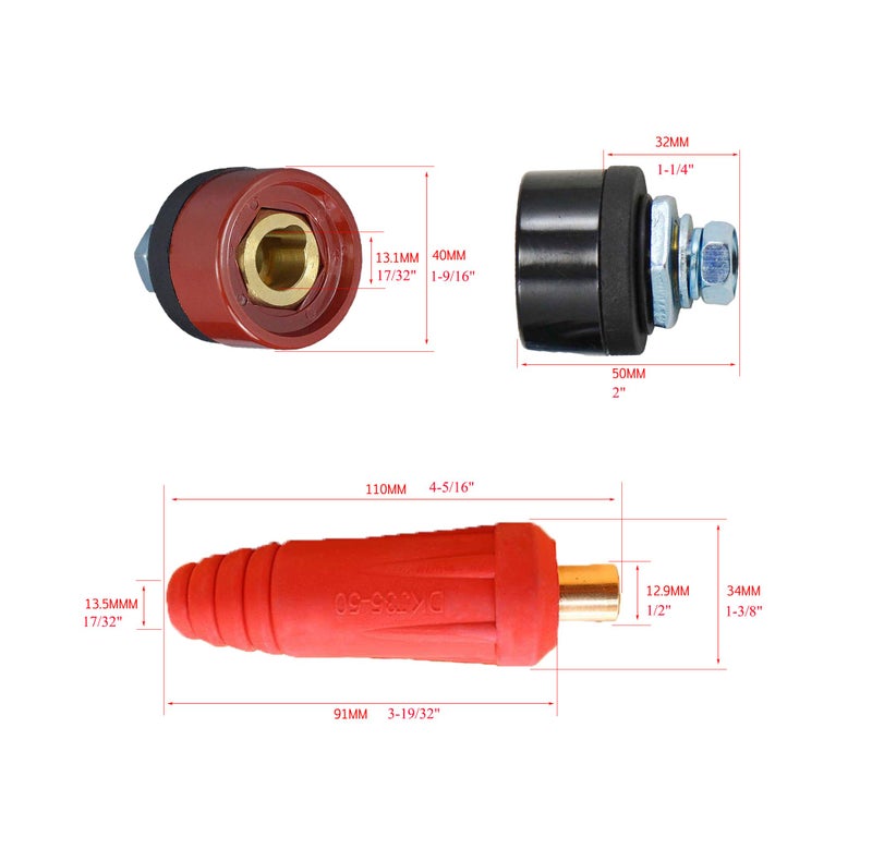 RIVERWELD TIG Welding Cable Panel Connector Plug & Socket Set DKJ35-50 & DKZ35-50 315Amp With Red & Black Color Dinse-Style Quick Fitting 4pcs - Image 2